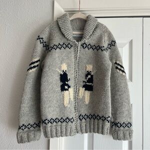 Adrien Racine Hand Made Cowichan Chunky Wool Knit Zip Sweater marching soldiers